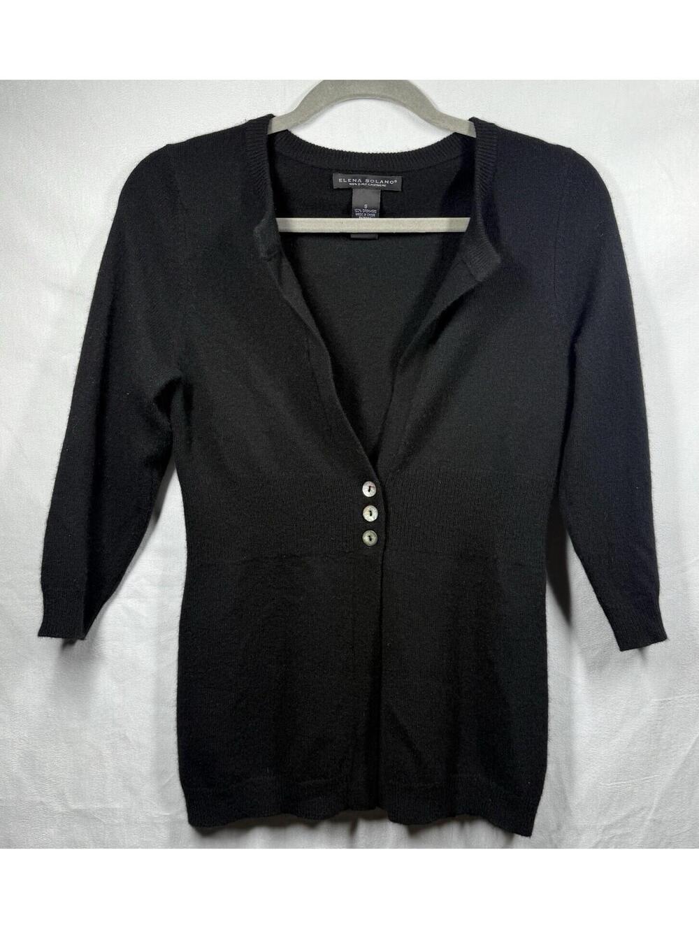Elena Solano 100% Cashmere Sweater Sz S Black 3/4 Sleeves Cardigan Boho Button